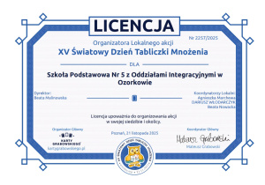 Licencja potwierdzająca udział szkoły w obchodach Dnia Tabliczki Mnożenia