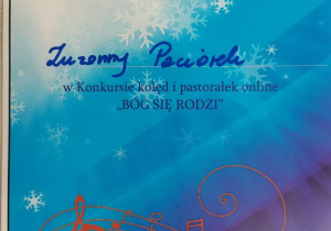 Dyplom otrzymany przez uczestniczkę konkursu