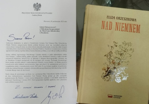 Podziękowanie z pamiątkowym egzemplarzem książki pt. "Nad Niemnem"