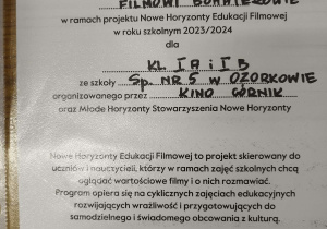 Pamiątkowy dyplom dla klas I