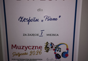 Dyplom dla zespołu Piano za zajęcie 1 miejsca