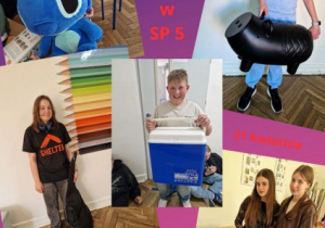 Uczniowie prezentujący swoje kreatywne nosidła na przybory szkole