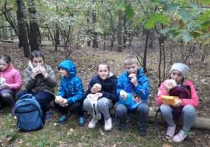 dzieci siedzą w lesie na konarze