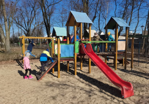 Dzieci bawią się na parkowym placu zabaw.