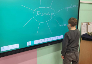 Dzieci z klasy 2c zapisują na tablicy co to znaczy tolerancja.