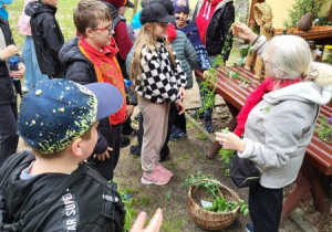 Uczniowie na lekcji plenerowej „O czym szumią drzewa?”